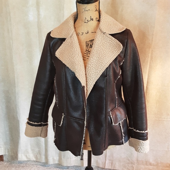 Women's Sherpa Lined Aviator Jacket Brown Faux Suede Sz S - Picture 14 of 14